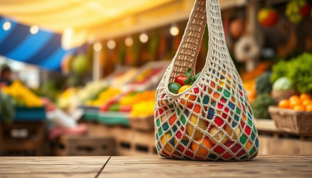 A beautifully crafted mesh stitch market bag is prominently displayed in the foreground, showcasing its intricate crochet pattern with various vibrant colors interwoven throughout. The bag is open, revealing a selection of fresh vegetables and fruits peeking out, emphasizing its functional design for sustainable shopping. In the middle ground, a wooden table surface enhances the rustic charm of the scene. The background features a softly blurred market setting with stalls filled with fresh produce, bathed in warm, natural light that creates an inviting atmosphere. A shallow depth of field draws the viewer's focus onto the bag, highlighting the texture of the stitches while creating a tranquil, eco-friendly ambiance. The overall mood reflects a connection to nature and a commitment to sustainable living. A beautifully crafted mesh stitch market bag is prominently displayed in the foreground, showcasing its intricate crochet pattern with various vibrant colors interwoven throughout. The bag is open, revealing a selection of fresh vegetables and fruits peeking out, emphasizing its functional design for sustainable shopping. In the middle ground, a wooden table surface enhances the rustic charm of the scene. The background features a softly blurred market setting with stalls filled with fresh produce, bathed in warm, natural light that creates an inviting atmosphere. A shallow depth of field draws the viewer's focus onto the bag, highlighting the texture of the stitches while creating a tranquil, eco-friendly ambiance. The overall mood reflects a connection to nature and a commitment to sustainable living.