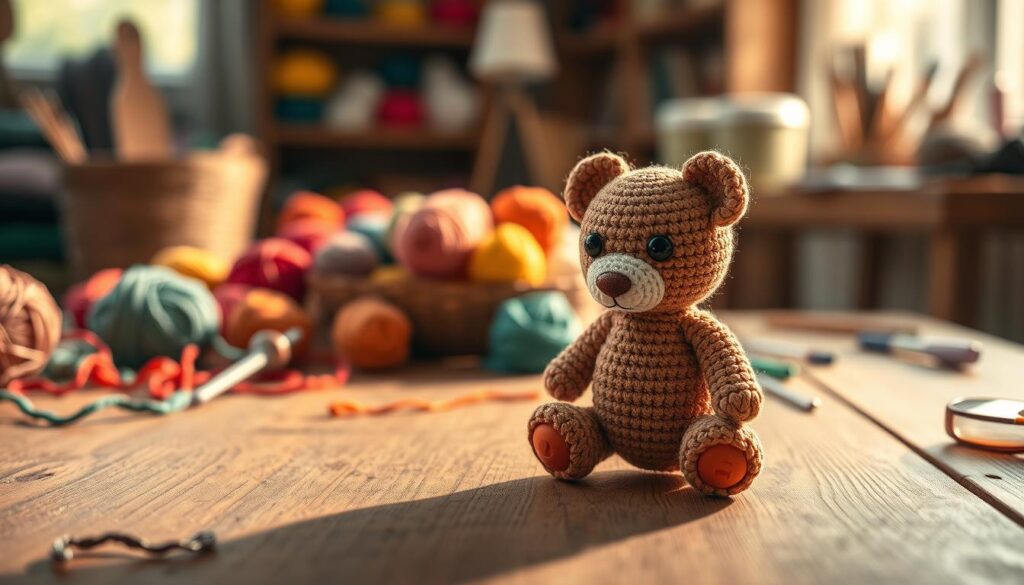 A beautifully crafted single crochet amigurumi piece rests on a textured wooden table, showcasing intricate stitch details and vibrant colors. In the foreground, the amigurumi character—a cute, fuzzy bear—sits upright, its button eyes glinting in soft, warm natural light. The middle ground features an array of colorful yarn balls in various textures scattered casually around, hinting at creativity in progress. The background is a softly blurred workshop setting, with hints of crochet tools and a cozy ambiance, enhancing the handmade atmosphere. The scene is captured with a shallow depth of field to emphasize the amigurumi's detailed craftsmanship, creating a warm, inviting mood that celebrates the art of crochet. A beautifully crafted single crochet amigurumi piece rests on a textured wooden table, showcasing intricate stitch details and vibrant colors. In the foreground, the amigurumi character—a cute, fuzzy bear—sits upright, its button eyes glinting in soft, warm natural light. The middle ground features an array of colorful yarn balls in various textures scattered casually around, hinting at creativity in progress. The background is a softly blurred workshop setting, with hints of crochet tools and a cozy ambiance, enhancing the handmade atmosphere. The scene is captured with a shallow depth of field to emphasize the amigurumi's detailed craftsmanship, creating a warm, inviting mood that celebrates the art of crochet.