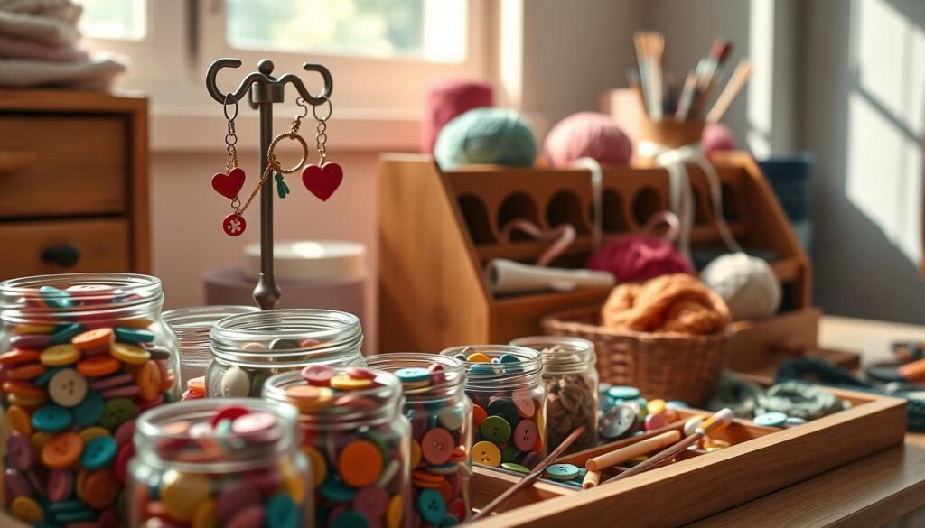 A beautifully organized knitting notions storage display, showcasing an array of colorful buttons, stitch markers, and assorted small tools. In the foreground, a variety of neatly arranged buttons in vibrant hues rest in glass jars, while charming stitch markers hang from a small decorative stand. The middle layer reveals a wooden organizer with compartments, holding items like yarn needles and measuring tapes, with a soft-focus knitting project in progress nearby. In the background, a warm, inviting workspace is illuminated by gentle, natural light from a window, casting soft shadows. The atmosphere is cheerful and creative, evoking a sense of calm and organization, perfect for a passionate knitter's sanctuary. A beautifully organized knitting notions storage display, showcasing an array of colorful buttons, stitch markers, and assorted small tools. In the foreground, a variety of neatly arranged buttons in vibrant hues rest in glass jars, while charming stitch markers hang from a small decorative stand. The middle layer reveals a wooden organizer with compartments, holding items like yarn needles and measuring tapes, with a soft-focus knitting project in progress nearby. In the background, a warm, inviting workspace is illuminated by gentle, natural light from a window, casting soft shadows. The atmosphere is cheerful and creative, evoking a sense of calm and organization, perfect for a passionate knitter's sanctuary.