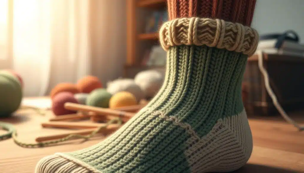 A close-up of a cozy, hand-knitted sock, showcasing the durable reinforced heel and toe regions. The sock is set against a softly blurred background of a knitting workspace, featuring colorful yarns, needles, and a wooden table. The light is warm and inviting, casting gentle shadows that highlight the texture of the knitting. In the foreground, focus on the intricate stitching patterns that demonstrate reinforcement techniques, emphasizing the durable materials used. The color palette is earthy and soothing, with shades of green, brown, and cream. The overall atmosphere is cozy and productive, evoking a sense of craftsmanship and care in creating long-lasting sock footwear. A close-up of a cozy, hand-knitted sock, showcasing the durable reinforced heel and toe regions. The sock is set against a softly blurred background of a knitting workspace, featuring colorful yarns, needles, and a wooden table. The light is warm and inviting, casting gentle shadows that highlight the texture of the knitting. In the foreground, focus on the intricate stitching patterns that demonstrate reinforcement techniques, emphasizing the durable materials used. The color palette is earthy and soothing, with shades of green, brown, and cream. The overall atmosphere is cozy and productive, evoking a sense of craftsmanship and care in creating long-lasting sock footwear.
