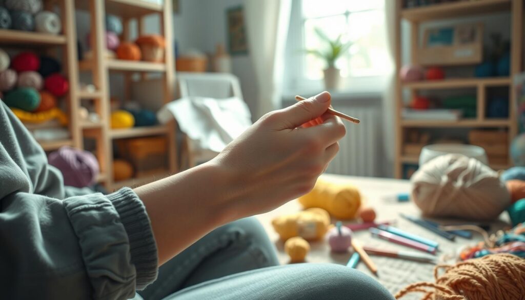 A close-up of a person's wrist, showing signs of discomfort while crocheting, surrounded by colorful yarn and crochet hooks scattered on a cozy, inviting workspace. The subject is wearing relaxed, modest casual clothing, reflecting a daily routine of crafting. In the background, softly blurred shelves filled with crochet supplies create a warm and artistic atmosphere. The lighting is soft and natural, filtering through a nearby window to create gentle shadows, enhancing the intimate setting. The angle focuses on the hands and wrist, emphasizing tension in the wrist while holding a crochet hook, conveying the connection between lifestyle habits and wrist pain. The overall mood is reflective, highlighting the challenges of maintaining comfort during a beloved craft. A close-up of a person's wrist, showing signs of discomfort while crocheting, surrounded by colorful yarn and crochet hooks scattered on a cozy, inviting workspace. The subject is wearing relaxed, modest casual clothing, reflecting a daily routine of crafting. In the background, softly blurred shelves filled with crochet supplies create a warm and artistic atmosphere. The lighting is soft and natural, filtering through a nearby window to create gentle shadows, enhancing the intimate setting. The angle focuses on the hands and wrist, emphasizing tension in the wrist while holding a crochet hook, conveying the connection between lifestyle habits and wrist pain. The overall mood is reflective, highlighting the challenges of maintaining comfort during a beloved craft.