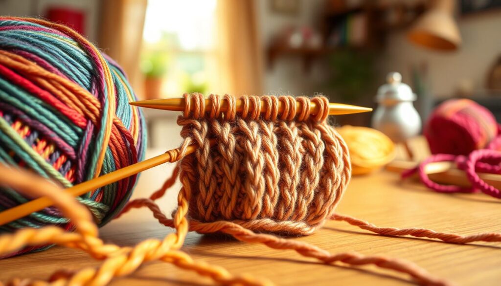 A close-up view of a beautifully crafted Portuguese knit stitch, showcasing the intricate pattern and texture of the yarn. The foreground features a ball of vibrant wool yarn and polished knitting needles, elegantly positioned as if in mid-use. In the middle, a partially knitted swatch displays the unique stitch, highlighting the fluidity and movement of the yarn. The background softly blurs, featuring an inviting, well-lit workspace with a wooden table, hints of additional knitting tools, and a cozy atmosphere. Warm, natural lighting enhances the colors of the yarn, creating a homey, artistic vibe. The overall composition captures the essence of craftsmanship and the joy of knitting, inviting viewers to appreciate the beauty of this traditional art form. A close-up view of a beautifully crafted Portuguese knit stitch, showcasing the intricate pattern and texture of the yarn. The foreground features a ball of vibrant wool yarn and polished knitting needles, elegantly positioned as if in mid-use. In the middle, a partially knitted swatch displays the unique stitch, highlighting the fluidity and movement of the yarn. The background softly blurs, featuring an inviting, well-lit workspace with a wooden table, hints of additional knitting tools, and a cozy atmosphere. Warm, natural lighting enhances the colors of the yarn, creating a homey, artistic vibe. The overall composition captures the essence of craftsmanship and the joy of knitting, inviting viewers to appreciate the beauty of this traditional art form.