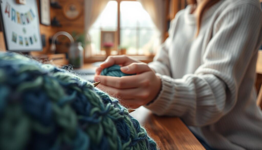 A close-up view of a beautifully crafted alpine stitch finish on a knitted piece, showcasing intricate details and vibrant yarn colors, set against a rustic wooden desk. In the foreground, focus on the meticulously executed stitches in various shades of blue and green, highlighting the texture and craftsmanship. In the middle ground, display a pair of hands gently holding the finished piece, wearing soft, casual clothing to evoke a sense of comfort and creativity. The background features a softly blurred view of a cozy, alpine-inspired workspace with natural light streaming through a window, creating a warm and inviting atmosphere. Emphasize the meticulousness of the stitching and the overall theme of creating long-lasting handmade pieces. A close-up view of a beautifully crafted alpine stitch finish on a knitted piece, showcasing intricate details and vibrant yarn colors, set against a rustic wooden desk. In the foreground, focus on the meticulously executed stitches in various shades of blue and green, highlighting the texture and craftsmanship. In the middle ground, display a pair of hands gently holding the finished piece, wearing soft, casual clothing to evoke a sense of comfort and creativity. The background features a softly blurred view of a cozy, alpine-inspired workspace with natural light streaming through a window, creating a warm and inviting atmosphere. Emphasize the meticulousness of the stitching and the overall theme of creating long-lasting handmade pieces.
