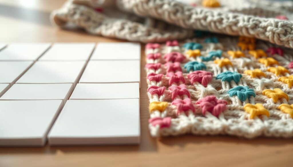 A close-up view of a flat surface featuring a contrasting arrangement of blank and dotted squares, emphasizing the differences in knitting chart symbols. In the foreground, the blank squares should be neatly aligned in a grid, showcasing a crisp white color with a subtle shadow. The dotted squares should be vibrant, colored in various shades like teal, pink, and yellow, arranged randomly among the blank ones, creating a playful yet organized visual contrast. The middle ground highlights a partially knitted piece with the squares woven into the fabric, hinting at the connection to knitting. Soft, diffused natural light bathes the scene, accentuating the texture of the fibers and the clarity of the squares, fostering an atmosphere of creativity and focus. A shallow depth of field blurs the background slightly, allowing the viewer's attention to remain on the squares and knitted piece. A close-up view of a flat surface featuring a contrasting arrangement of blank and dotted squares, emphasizing the differences in knitting chart symbols. In the foreground, the blank squares should be neatly aligned in a grid, showcasing a crisp white color with a subtle shadow. The dotted squares should be vibrant, colored in various shades like teal, pink, and yellow, arranged randomly among the blank ones, creating a playful yet organized visual contrast. The middle ground highlights a partially knitted piece with the squares woven into the fabric, hinting at the connection to knitting. Soft, diffused natural light bathes the scene, accentuating the texture of the fibers and the clarity of the squares, fostering an atmosphere of creativity and focus. A shallow depth of field blurs the background slightly, allowing the viewer's attention to remain on the squares and knitted piece.