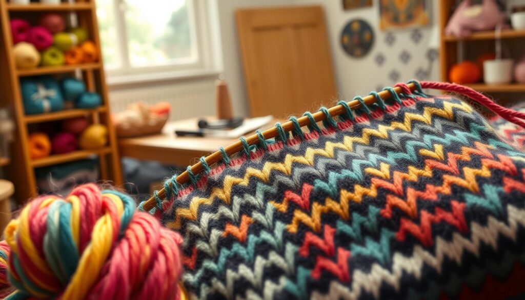A close-up view of a knitting project showcasing steeking in Fair Isle technique. In the foreground, vivid yarns in bold colors twist together, revealing intricate stranded patterns and textures reflecting traditional motifs. The middle features a partially completed knitted piece with clearly defined cut stitches, emphasizing the steeking process. Behind, a cozy, softly-lit knitting space includes shelves filled with colorful yarn and a wooden table with knitting tools scattered about. The atmosphere is warm and inviting, with soft, natural lighting casting gentle shadows to enhance the textures. Depth of field creates a blurred backdrop, drawing focus to the vibrant colors and intricate details of the knitted work. A close-up view of a knitting project showcasing steeking in Fair Isle technique. In the foreground, vivid yarns in bold colors twist together, revealing intricate stranded patterns and textures reflecting traditional motifs. The middle features a partially completed knitted piece with clearly defined cut stitches, emphasizing the steeking process. Behind, a cozy, softly-lit knitting space includes shelves filled with colorful yarn and a wooden table with knitting tools scattered about. The atmosphere is warm and inviting, with soft, natural lighting casting gentle shadows to enhance the textures. Depth of field creates a blurred backdrop, drawing focus to the vibrant colors and intricate details of the knitted work.