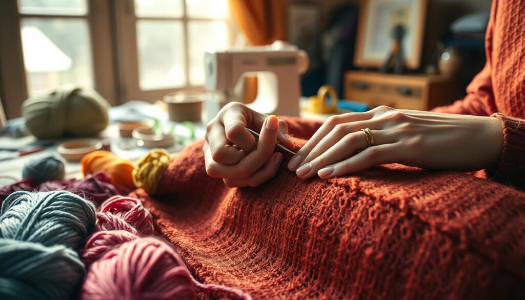 A close-up view of a skilled artisan demonstrating the alpine stitch technique on a piece of rich, textured fabric. The foreground features vibrant yarns in various colors, elegantly organized, and a needle poised ready to stitch. In the middle ground, the artisan's hands, adorned with modest rings, skillfully pull the thread through the fabric, showcasing the intricate stitch pattern. The background includes a softly blurred table filled with sewing tools such as scissors and measuring tape, all illuminated with warm, natural light streaming in from a nearby window, creating an inviting atmosphere. The overall mood is calm and focused, reflecting the craftsmanship of textile arts. A close-up view of a skilled artisan demonstrating the alpine stitch technique on a piece of rich, textured fabric. The foreground features vibrant yarns in various colors, elegantly organized, and a needle poised ready to stitch. In the middle ground, the artisan's hands, adorned with modest rings, skillfully pull the thread through the fabric, showcasing the intricate stitch pattern. The background includes a softly blurred table filled with sewing tools such as scissors and measuring tape, all illuminated with warm, natural light streaming in from a nearby window, creating an inviting atmosphere. The overall mood is calm and focused, reflecting the craftsmanship of textile arts.