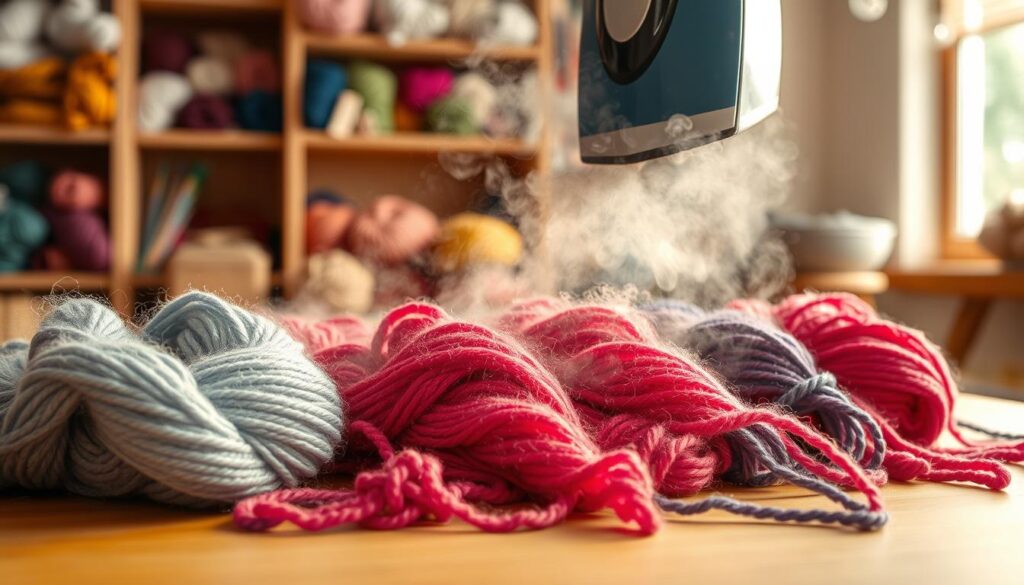 A close-up view of a steaming iron hovering over vibrant acrylic yarn, showcasing the process of steam blocking. The foreground features soft, colorful skeins of acrylic yarn arranged neatly on a clean, wooden table, glistening with humidity from the steam. In the middle ground, the steam gently billows from the iron, creating a soft haze that subtly obscures the yarn, emphasizing the warmth and moisture. The background is softly blurred, suggesting a cozy crafting space with shelves filled with neatly organized yarn and tools, illuminated by warm, natural light that creates a calm and inviting atmosphere. The image captures the meticulous care and controlled heat techniques involved in blocking acrylic yarn, evoking a sense of crafting artistry. A close-up view of a steaming iron hovering over vibrant acrylic yarn, showcasing the process of steam blocking. The foreground features soft, colorful skeins of acrylic yarn arranged neatly on a clean, wooden table, glistening with humidity from the steam. In the middle ground, the steam gently billows from the iron, creating a soft haze that subtly obscures the yarn, emphasizing the warmth and moisture. The background is softly blurred, suggesting a cozy crafting space with shelves filled with neatly organized yarn and tools, illuminated by warm, natural light that creates a calm and inviting atmosphere. The image captures the meticulous care and controlled heat techniques involved in blocking acrylic yarn, evoking a sense of crafting artistry.