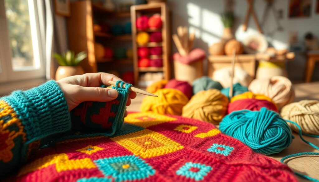 A close-up view of vibrant blocking colorwork knitting, showcasing an intricate pattern of geometric shapes in various bold colors like teal, mustard yellow, and deep red. In the foreground, a pair of hands expertly maneuvering knitting needles creates a dynamic feel, with focused attention on the stitches. The middle ground features a beautifully laid-out assortment of yarn skeins in complementary hues, neatly organized on a wooden surface. The background is softly blurred, hinting at a cozy, well-lit knitting studio with natural light streaming through a window, creating warm shadows. The atmosphere is inviting and creative, capturing the essence of craftsmanship and attention to detail. A close-up view of vibrant blocking colorwork knitting, showcasing an intricate pattern of geometric shapes in various bold colors like teal, mustard yellow, and deep red. In the foreground, a pair of hands expertly maneuvering knitting needles creates a dynamic feel, with focused attention on the stitches. The middle ground features a beautifully laid-out assortment of yarn skeins in complementary hues, neatly organized on a wooden surface. The background is softly blurred, hinting at a cozy, well-lit knitting studio with natural light streaming through a window, creating warm shadows. The atmosphere is inviting and creative, capturing the essence of craftsmanship and attention to detail.