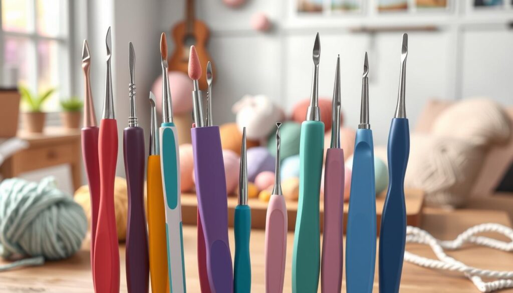 A collection of ergonomic crochet hooks displayed prominently in the foreground, showcasing various innovative designs with soft, comfortable grips. The hooks are made from a mix of vibrant colors and textures, emphasizing their user-friendly features. In the middle ground, a cozy crocheting workspace with a neatly arranged array of yarn in pastel shades, highlighting the relaxed atmosphere ideal for crafting. The background features a softly blurred rustic wooden table and gentle natural light filtering through a window, creating a warm and inviting ambiance. The focus is on the hooks, drawing attention to their thoughtfully engineered shapes. The overall mood is calming and creative, encouraging a sense of comfort and ease while crocheting. A collection of ergonomic crochet hooks displayed prominently in the foreground, showcasing various innovative designs with soft, comfortable grips. The hooks are made from a mix of vibrant colors and textures, emphasizing their user-friendly features. In the middle ground, a cozy crocheting workspace with a neatly arranged array of yarn in pastel shades, highlighting the relaxed atmosphere ideal for crafting. The background features a softly blurred rustic wooden table and gentle natural light filtering through a window, creating a warm and inviting ambiance. The focus is on the hooks, drawing attention to their thoughtfully engineered shapes. The overall mood is calming and creative, encouraging a sense of comfort and ease while crocheting.