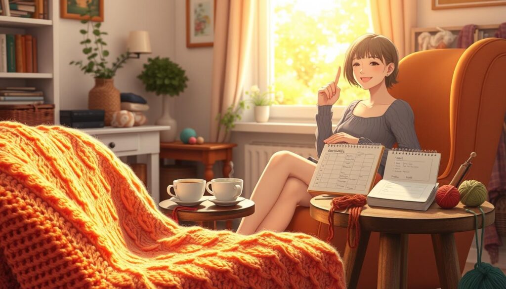 A cozy and inviting scene depicting a "knitting break schedule." In the foreground, a soft, beautifully knitted blanket in warm colors drapes over a comfy armchair, showcasing intricate patterns. A small, rustic wooden table is adorned with a steaming cup of herbal tea and a notepad with a neatly organized break schedule. In the middle ground, a woman in modest casual clothing, smiling and taking a break, stretches her fingers while sitting beside the chair, surrounded by various colorful yarns and knitting needles. In the background, a sunlit window reveals a serene garden, enhancing the tranquil atmosphere. Use bright, natural lighting to create an uplifting mood, softly illuminating the scene, and capture the essence of relaxation and focus in a harmonious workspace. A cozy and inviting scene depicting a "knitting break schedule." In the foreground, a soft, beautifully knitted blanket in warm colors drapes over a comfy armchair, showcasing intricate patterns. A small, rustic wooden table is adorned with a steaming cup of herbal tea and a notepad with a neatly organized break schedule. In the middle ground, a woman in modest casual clothing, smiling and taking a break, stretches her fingers while sitting beside the chair, surrounded by various colorful yarns and knitting needles. In the background, a sunlit window reveals a serene garden, enhancing the tranquil atmosphere. Use bright, natural lighting to create an uplifting mood, softly illuminating the scene, and capture the essence of relaxation and focus in a harmonious workspace.