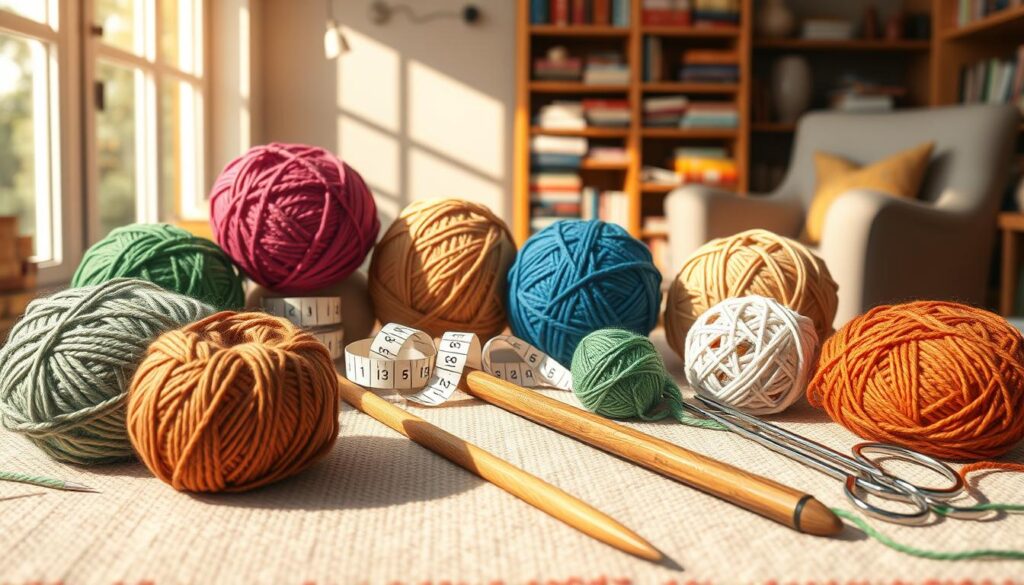 A cozy and inviting workspace featuring an array of knitting tools. In the foreground, display colorful, neatly organized yarn balls in various textures and hues, accompanied by a pair of stylish wooden knitting needles. In the middle, elegantly arranged knitting accessories like measuring tape, stitch markers, and a pair of scissors on a soft, textured fabric backdrop. In the background, a softly lit environment with a warm glow, hints of shelves filled with neatly stacked knitting books, and a comfortable armchair. Use natural lighting to create a serene atmosphere, capturing the essence of a crafting sanctuary. The overall mood should be inviting and inspiring, perfect for budding knitters looking to enhance their skills. A cozy and inviting workspace featuring an array of knitting tools. In the foreground, display colorful, neatly organized yarn balls in various textures and hues, accompanied by a pair of stylish wooden knitting needles. In the middle, elegantly arranged knitting accessories like measuring tape, stitch markers, and a pair of scissors on a soft, textured fabric backdrop. In the background, a softly lit environment with a warm glow, hints of shelves filled with neatly stacked knitting books, and a comfortable armchair. Use natural lighting to create a serene atmosphere, capturing the essence of a crafting sanctuary. The overall mood should be inviting and inspiring, perfect for budding knitters looking to enhance their skills.