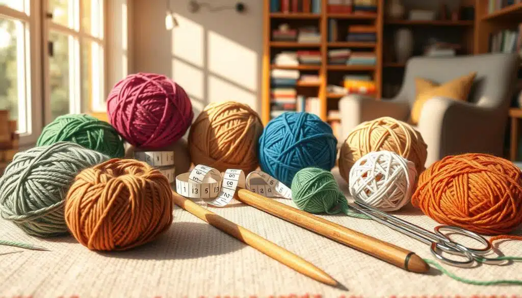 A cozy and inviting workspace featuring an array of knitting tools. In the foreground, display colorful, neatly organized yarn balls in various textures and hues, accompanied by a pair of stylish wooden knitting needles. In the middle, elegantly arranged knitting accessories like measuring tape, stitch markers, and a pair of scissors on a soft, textured fabric backdrop. In the background, a softly lit environment with a warm glow, hints of shelves filled with neatly stacked knitting books, and a comfortable armchair. Use natural lighting to create a serene atmosphere, capturing the essence of a crafting sanctuary. The overall mood should be inviting and inspiring, perfect for budding knitters looking to enhance their skills. A cozy and inviting workspace featuring an array of knitting tools. In the foreground, display colorful, neatly organized yarn balls in various textures and hues, accompanied by a pair of stylish wooden knitting needles. In the middle, elegantly arranged knitting accessories like measuring tape, stitch markers, and a pair of scissors on a soft, textured fabric backdrop. In the background, a softly lit environment with a warm glow, hints of shelves filled with neatly stacked knitting books, and a comfortable armchair. Use natural lighting to create a serene atmosphere, capturing the essence of a crafting sanctuary. The overall mood should be inviting and inspiring, perfect for budding knitters looking to enhance their skills.