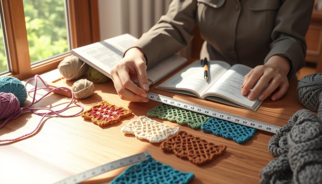 A cozy crocheting setup focused on the meticulous process of measuring crochet gauge. In the foreground, a neatly arranged measuring tape is laid next to colorful swatches of yarn, showcasing a variety of stitches. A pair of hands, wearing modest, professional attire, holds a ruler positioned across one of the swatches, intently measuring gauge. The middle ground features an open crochet pattern book and a pencil, suggesting thoughtful planning. In the background, soft natural light filters through a window, casting gentle shadows, creating a warm and inviting atmosphere. A wooden table adds a rustic charm, emphasizing the crafting theme. The overall mood is tranquil and focused, perfect for a dedicated crafting space. A cozy crocheting setup focused on the meticulous process of measuring crochet gauge. In the foreground, a neatly arranged measuring tape is laid next to colorful swatches of yarn, showcasing a variety of stitches. A pair of hands, wearing modest, professional attire, holds a ruler positioned across one of the swatches, intently measuring gauge. The middle ground features an open crochet pattern book and a pencil, suggesting thoughtful planning. In the background, soft natural light filters through a window, casting gentle shadows, creating a warm and inviting atmosphere. A wooden table adds a rustic charm, emphasizing the crafting theme. The overall mood is tranquil and focused, perfect for a dedicated crafting space.
