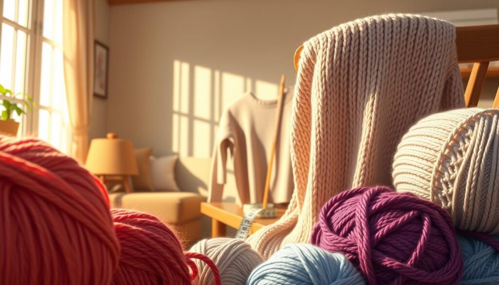 A cozy image depicting a hand-knitted sweater draped elegantly over a wooden chair in a warm, inviting living room. In the foreground, display a close-up of the yarn, showcasing various weights and textures—soft merino wool, bulky alpaca, and lightweight cotton—in vibrant colors. In the middle, include a partially finished sweater, surrounded by knitting needles and a measuring tape, highlighting the importance of fit and size. The background features a softly lit window with sheer curtains, allowing natural light to illuminate the scene, casting gentle shadows. The overall atmosphere should feel warm and intimate, inviting viewers to explore the art of knitting and the nuances of selecting the right yarn and garment type for a perfect fit. A cozy image depicting a hand-knitted sweater draped elegantly over a wooden chair in a warm, inviting living room. In the foreground, display a close-up of the yarn, showcasing various weights and textures—soft merino wool, bulky alpaca, and lightweight cotton—in vibrant colors. In the middle, include a partially finished sweater, surrounded by knitting needles and a measuring tape, highlighting the importance of fit and size. The background features a softly lit window with sheer curtains, allowing natural light to illuminate the scene, casting gentle shadows. The overall atmosphere should feel warm and intimate, inviting viewers to explore the art of knitting and the nuances of selecting the right yarn and garment type for a perfect fit.