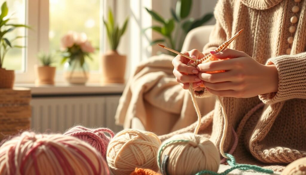 A cozy indoor scene featuring a pair of hands skillfully performing knitting hand exercises, focused on dexterity and flexibility. The hands are elegantly positioned, showcasing various knitting techniques using colorful yarn and needles. In the foreground, a ball of soft wool is nestled alongside a few half-finished projects, providing texture and depth. The middle ground features a comfortable chair with a warm, knitted blanket draped over it. Natural light filters through a nearby window, casting gentle shadows and creating a warm and inviting atmosphere. The background reveals a softly blurred, serene living space with hints of house plants, enhancing the feeling of tranquility and focus. The overall mood is calm and encouraging, ideal for promoting the joy and therapeutic benefits of knitting exercises. A cozy indoor scene featuring a pair of hands skillfully performing knitting hand exercises, focused on dexterity and flexibility. The hands are elegantly positioned, showcasing various knitting techniques using colorful yarn and needles. In the foreground, a ball of soft wool is nestled alongside a few half-finished projects, providing texture and depth. The middle ground features a comfortable chair with a warm, knitted blanket draped over it. Natural light filters through a nearby window, casting gentle shadows and creating a warm and inviting atmosphere. The background reveals a softly blurred, serene living space with hints of house plants, enhancing the feeling of tranquility and focus. The overall mood is calm and encouraging, ideal for promoting the joy and therapeutic benefits of knitting exercises.
