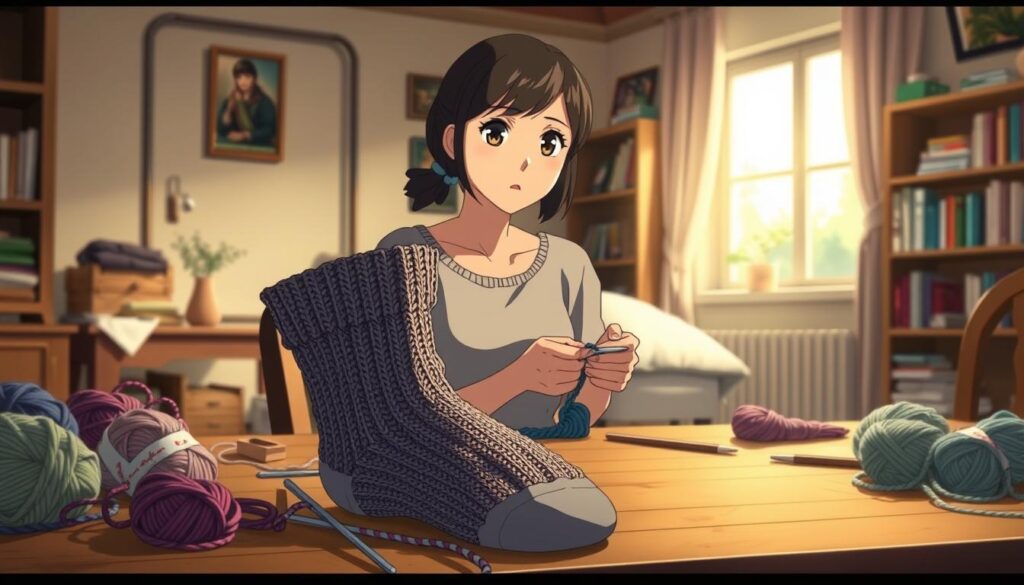 A cozy indoor scene featuring a woman in modest casual clothing, looking thoughtfully at a pair of unfinished knitting socks. In the foreground, she sits at a wooden table surrounded by various knitting supplies, including colorful yarns and a pair of needles. The middle ground showcases a close-up of the socks, imperfectly knitted, with dropped stitches and uneven tension, symbolizing the concept of when hand-knit socks might not be the best choice. In the background, a warm, softly lit room with a bookshelf and a window allowing natural light to filter in, enhancing a contemplative atmosphere. The overall mood is one of reflection and practicality, with a focus on the challenges of knitting socks. A cozy indoor scene featuring a woman in modest casual clothing, looking thoughtfully at a pair of unfinished knitting socks. In the foreground, she sits at a wooden table surrounded by various knitting supplies, including colorful yarns and a pair of needles. The middle ground showcases a close-up of the socks, imperfectly knitted, with dropped stitches and uneven tension, symbolizing the concept of when hand-knit socks might not be the best choice. In the background, a warm, softly lit room with a bookshelf and a window allowing natural light to filter in, enhancing a contemplative atmosphere. The overall mood is one of reflection and practicality, with a focus on the challenges of knitting socks.