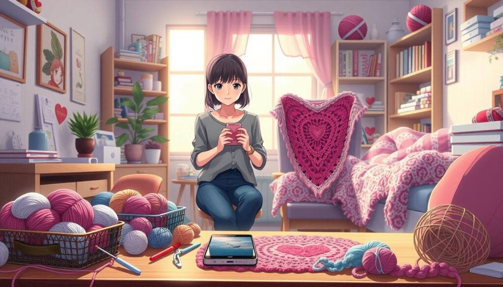 A cozy, inviting workspace showcasing crochet skill levels, featuring three distinct areas: the foreground displays a neatly arranged crochet toolkit with colorful yarn skeins and hooks, a beginner’s simple scarf pattern, and a phone or tablet displaying an instructional video. In the middle ground, a skilled crocheter, dressed in modest, casual attire, is focused on crafting an intermediate-level heart-shaped motif, surrounded by a few finished projects including a Valentine's-themed blanket. The background is a softly lit, organized craft room with shelves lined with pattern books and additional yarn colors, evoking a warm and creative atmosphere. Soft, natural light filters in from a nearby window, creating a cheerful ambiance that encourages crafting and creativity, perfectly in line with Valentine's spirit. A cozy, inviting workspace showcasing crochet skill levels, featuring three distinct areas: the foreground displays a neatly arranged crochet toolkit with colorful yarn skeins and hooks, a beginner’s simple scarf pattern, and a phone or tablet displaying an instructional video. In the middle ground, a skilled crocheter, dressed in modest, casual attire, is focused on crafting an intermediate-level heart-shaped motif, surrounded by a few finished projects including a Valentine's-themed blanket. The background is a softly lit, organized craft room with shelves lined with pattern books and additional yarn colors, evoking a warm and creative atmosphere. Soft, natural light filters in from a nearby window, creating a cheerful ambiance that encourages crafting and creativity, perfectly in line with Valentine's spirit.