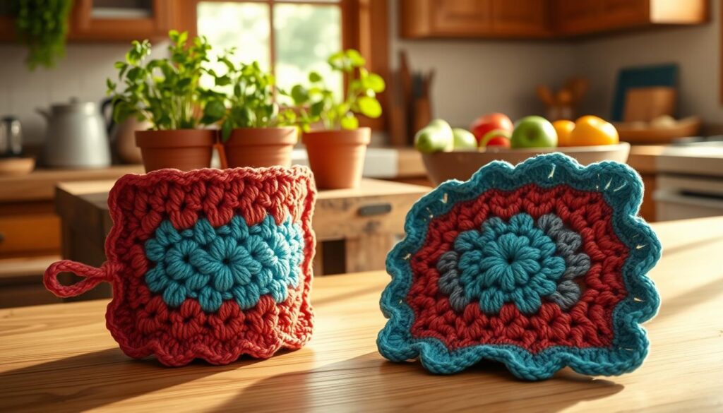 A cozy kitchen scene showcasing beautifully crafted one skein crochet items. In the foreground, a vibrant crochet pot holder and matching dishcloth in shades of teal and coral, intricately designed with textured stitches. The middle ground features a rustic wooden table adorned with fresh herbs in terracotta pots and a bowl of organic produce, adding a pop of natural color. In the background, soft sunlight filters through a window, casting gentle shadows and illuminating the warm wood cabinetry. The overall ambiance is inviting and homely, evoking a sense of creativity and practicality. The setting is designed to celebrate the art of crochet and its functional beauty in the kitchen and bath. The image should have a soft focus, achieving a serene and tranquil feel. A cozy kitchen scene showcasing beautifully crafted one skein crochet items. In the foreground, a vibrant crochet pot holder and matching dishcloth in shades of teal and coral, intricately designed with textured stitches. The middle ground features a rustic wooden table adorned with fresh herbs in terracotta pots and a bowl of organic produce, adding a pop of natural color. In the background, soft sunlight filters through a window, casting gentle shadows and illuminating the warm wood cabinetry. The overall ambiance is inviting and homely, evoking a sense of creativity and practicality. The setting is designed to celebrate the art of crochet and its functional beauty in the kitchen and bath. The image should have a soft focus, achieving a serene and tranquil feel.