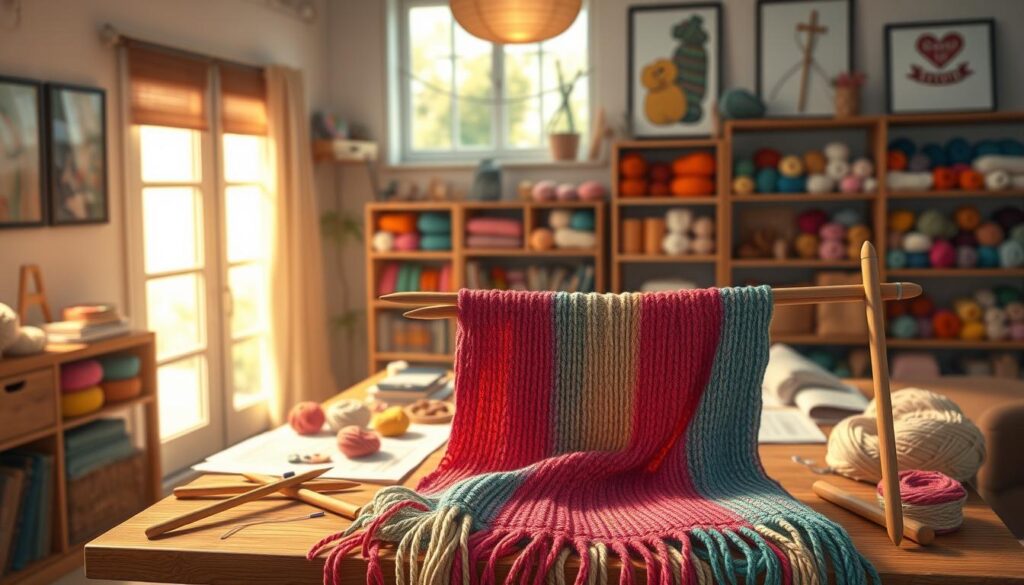 A cozy knitting space featuring a beautifully arranged Magic Loop knitting project in the foreground, showcasing an elegant colorful scarf draped over wooden needles. In the middle, a well-organized table with various yarn skeins in vibrant hues, knitting patterns, and tools like stitch markers and scissors, inviting creativity. The background features a soft-lit room with warm, natural lighting coming through a large window, illuminating shelves filled with neatly stacked yarn, and framed knitting art on the walls. The overall mood is warm and inviting, capturing a sense of creativity and focus in a homey environment. The camera angle is slightly elevated, providing a comprehensive view of the scene, enhancing the context of the Magic Loop knitting technique. A cozy knitting space featuring a beautifully arranged Magic Loop knitting project in the foreground, showcasing an elegant colorful scarf draped over wooden needles. In the middle, a well-organized table with various yarn skeins in vibrant hues, knitting patterns, and tools like stitch markers and scissors, inviting creativity. The background features a soft-lit room with warm, natural lighting coming through a large window, illuminating shelves filled with neatly stacked yarn, and framed knitting art on the walls. The overall mood is warm and inviting, capturing a sense of creativity and focus in a homey environment. The camera angle is slightly elevated, providing a comprehensive view of the scene, enhancing the context of the Magic Loop knitting technique.