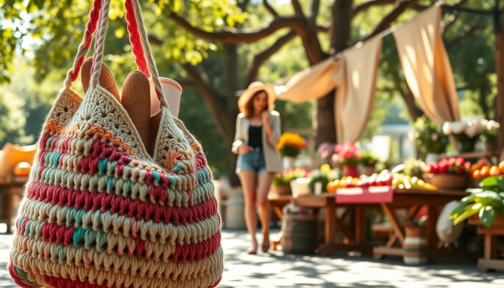 A cozy, sunlit outdoor market scene featuring a versatile crochet market bag artistically placed in the foreground. The bag, made of colorful cotton yarn, is filled with diverse items like fresh fruits, artisanal bread, and handmade crafts, showcasing its practical uses. In the middle ground, a chic woman in casual attire browses a stall, examining vibrant flowers and local produce, embodying a sustainable lifestyle. The background features a charming market setup with wooden vendor tables draped in natural fabrics, surrounded by lush greenery and warm sunlight filtering through tree branches. The atmosphere is lively and inviting, with soft, diffused lighting highlighting the textures of the crochet work and the vibrant colors of the market goods. Capture this scene at eye level for an intimate perspective. A cozy, sunlit outdoor market scene featuring a versatile crochet market bag artistically placed in the foreground. The bag, made of colorful cotton yarn, is filled with diverse items like fresh fruits, artisanal bread, and handmade crafts, showcasing its practical uses. In the middle ground, a chic woman in casual attire browses a stall, examining vibrant flowers and local produce, embodying a sustainable lifestyle. The background features a charming market setup with wooden vendor tables draped in natural fabrics, surrounded by lush greenery and warm sunlight filtering through tree branches. The atmosphere is lively and inviting, with soft, diffused lighting highlighting the textures of the crochet work and the vibrant colors of the market goods. Capture this scene at eye level for an intimate perspective.