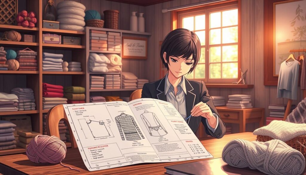 A cozy, well-lit knitting nook features a focused individual in professional casual attire, deeply engrossed in reading detailed knitting schematics. In the foreground, a large, colorful schematic with intricate patterns is prominently displayed, showing various garment dimensions and instructions. The person, a middle-aged woman with short brown hair, is positioned at a wooden table, surrounded by soft yarns in pastel shades and a few finished garments folded neatly nearby. In the background, shelves filled with neatly organized knitting supplies and a warm, inviting window casting soft, natural light enhance the atmosphere. The overall mood is one of concentration and creativity, capturing the essence of using schematics for creating the perfect fit in knitting. A cozy, well-lit knitting nook features a focused individual in professional casual attire, deeply engrossed in reading detailed knitting schematics. In the foreground, a large, colorful schematic with intricate patterns is prominently displayed, showing various garment dimensions and instructions. The person, a middle-aged woman with short brown hair, is positioned at a wooden table, surrounded by soft yarns in pastel shades and a few finished garments folded neatly nearby. In the background, shelves filled with neatly organized knitting supplies and a warm, inviting window casting soft, natural light enhance the atmosphere. The overall mood is one of concentration and creativity, capturing the essence of using schematics for creating the perfect fit in knitting.