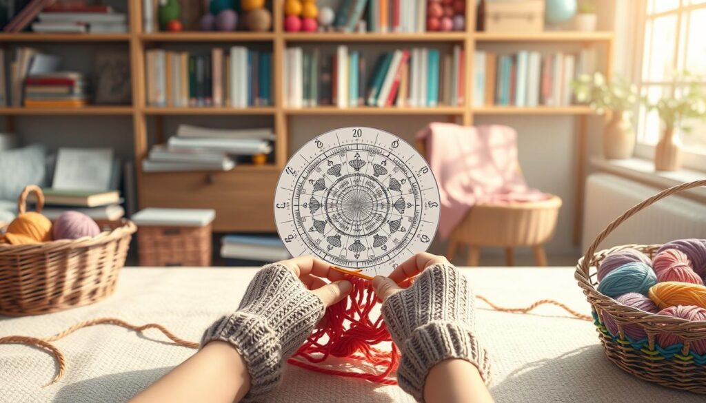 A cozy, well-lit workspace featuring a circular knitting chart on a soft, textured table. In the foreground, a pair of hands, wearing pastel-colored fingerless gloves, carefully follow the chart with a pair of knitting needles in motion, vibrant yarn in various shades fills a nearby basket. In the middle ground, the circular knitting chart itself is detailed, displaying intricate patterns and symbols, positioned within a circular frame that suggests motion and progression. The background consists of shelves adorned with various knitting books and colorful skeins of yarn, softly blurred to focus on the knitting activity. Soft natural light filters through a window, creating a warm, inviting atmosphere that conveys creativity and concentration. A cozy, well-lit workspace featuring a circular knitting chart on a soft, textured table. In the foreground, a pair of hands, wearing pastel-colored fingerless gloves, carefully follow the chart with a pair of knitting needles in motion, vibrant yarn in various shades fills a nearby basket. In the middle ground, the circular knitting chart itself is detailed, displaying intricate patterns and symbols, positioned within a circular frame that suggests motion and progression. The background consists of shelves adorned with various knitting books and colorful skeins of yarn, softly blurred to focus on the knitting activity. Soft natural light filters through a window, creating a warm, inviting atmosphere that conveys creativity and concentration.