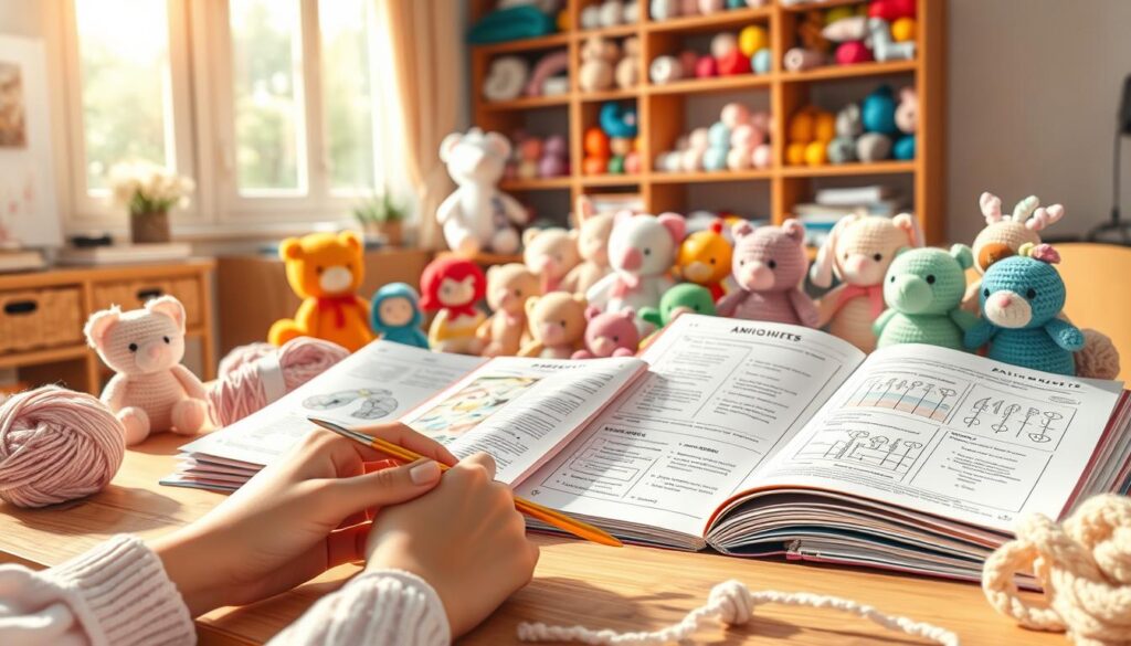 A cozy worktable scene featuring a neatly arranged selection of colorful amigurumi crochet patterns, some open to showcase intricate instructions and diagrams. In the foreground, a pair of hands is gently holding a crochet hook, with soft yarn in pastel shades scattered nearby. The middle ground includes a vibrant assortment of finished amigurumi creations, such as cute animals and whimsical characters. In the background, a warm, well-lit room with shelves filled with crafting supplies and spools of yarn adds depth. The lighting is soft and inviting, with sunlight filtering through a window, creating a serene and inspiring atmosphere perfect for creativity. The image captures the essence of pattern reading in amigurumi, evoking a sense of exploration and learning. A cozy worktable scene featuring a neatly arranged selection of colorful amigurumi crochet patterns, some open to showcase intricate instructions and diagrams. In the foreground, a pair of hands is gently holding a crochet hook, with soft yarn in pastel shades scattered nearby. The middle ground includes a vibrant assortment of finished amigurumi creations, such as cute animals and whimsical characters. In the background, a warm, well-lit room with shelves filled with crafting supplies and spools of yarn adds depth. The lighting is soft and inviting, with sunlight filtering through a window, creating a serene and inspiring atmosphere perfect for creativity. The image captures the essence of pattern reading in amigurumi, evoking a sense of exploration and learning.