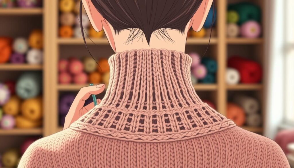 A detailed close-up image of the back of a knitter’s neck, showcasing a beautifully shaped neckline crafted using short rows in a top-down knitted garment. The focus should be on the intricate techniques of neck shaping, with soft, natural lighting highlighting the texture and stitches of the yarn. In the foreground, display a pair of hands gently holding knitting needles, working on the garment, while the middle ground emphasizes the graceful curves of the neck and the flowing fabric. In the background, softly blurred shelves filled with colorful yarns to create a cozy, inviting atmosphere, suggesting a serene knitting space. The mood is warm and inspiring, ideal for illustrating the art of neck shaping in knitting. A detailed close-up image of the back of a knitter’s neck, showcasing a beautifully shaped neckline crafted using short rows in a top-down knitted garment. The focus should be on the intricate techniques of neck shaping, with soft, natural lighting highlighting the texture and stitches of the yarn. In the foreground, display a pair of hands gently holding knitting needles, working on the garment, while the middle ground emphasizes the graceful curves of the neck and the flowing fabric. In the background, softly blurred shelves filled with colorful yarns to create a cozy, inviting atmosphere, suggesting a serene knitting space. The mood is warm and inspiring, ideal for illustrating the art of neck shaping in knitting.