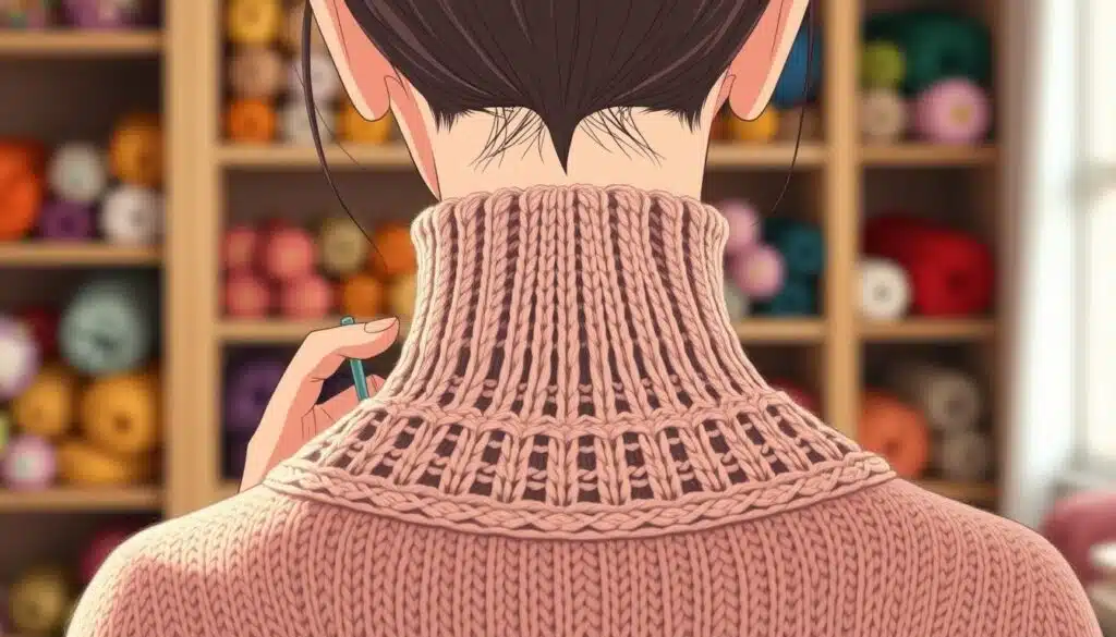 A detailed close-up image of the back of a knitter’s neck, showcasing a beautifully shaped neckline crafted using short rows in a top-down knitted garment. The focus should be on the intricate techniques of neck shaping, with soft, natural lighting highlighting the texture and stitches of the yarn. In the foreground, display a pair of hands gently holding knitting needles, working on the garment, while the middle ground emphasizes the graceful curves of the neck and the flowing fabric. In the background, softly blurred shelves filled with colorful yarns to create a cozy, inviting atmosphere, suggesting a serene knitting space. The mood is warm and inspiring, ideal for illustrating the art of neck shaping in knitting. A detailed close-up image of the back of a knitter’s neck, showcasing a beautifully shaped neckline crafted using short rows in a top-down knitted garment. The focus should be on the intricate techniques of neck shaping, with soft, natural lighting highlighting the texture and stitches of the yarn. In the foreground, display a pair of hands gently holding knitting needles, working on the garment, while the middle ground emphasizes the graceful curves of the neck and the flowing fabric. In the background, softly blurred shelves filled with colorful yarns to create a cozy, inviting atmosphere, suggesting a serene knitting space. The mood is warm and inspiring, ideal for illustrating the art of neck shaping in knitting.