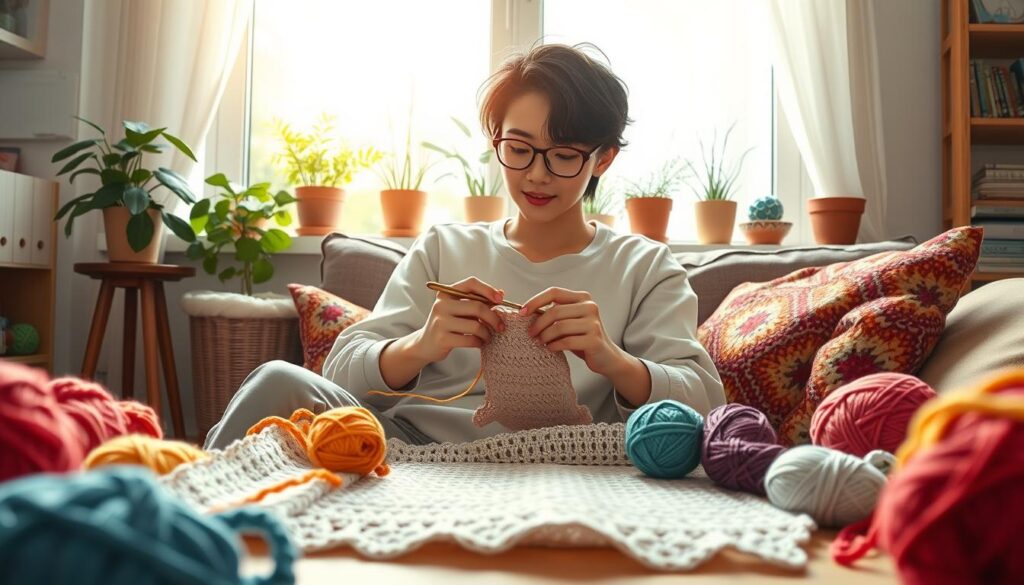 A left-handed crochet enthusiast sitting comfortably in a cozy, well-lit living room, surrounded by colorful yarns and neatly arranged crochet patterns. In the foreground, the individual is focused, holding a crochet hook in their left hand, skillfully manipulating yarn to create intricate stitches. The crochet pattern, adapted for left-handed use, is visibly laid out on a table. In the middle, vibrant skeins of yarn in various textures and colors are strewn about, adding warmth to the scene. The background features soft, natural light filtering through a window with potted plants, creating a serene and inviting atmosphere, emphasizing creativity and relaxation. The composition is shot from a slightly elevated angle, capturing both the left-handed technique and the cozy environment. A left-handed crochet enthusiast sitting comfortably in a cozy, well-lit living room, surrounded by colorful yarns and neatly arranged crochet patterns. In the foreground, the individual is focused, holding a crochet hook in their left hand, skillfully manipulating yarn to create intricate stitches. The crochet pattern, adapted for left-handed use, is visibly laid out on a table. In the middle, vibrant skeins of yarn in various textures and colors are strewn about, adding warmth to the scene. The background features soft, natural light filtering through a window with potted plants, creating a serene and inviting atmosphere, emphasizing creativity and relaxation. The composition is shot from a slightly elevated angle, capturing both the left-handed technique and the cozy environment.