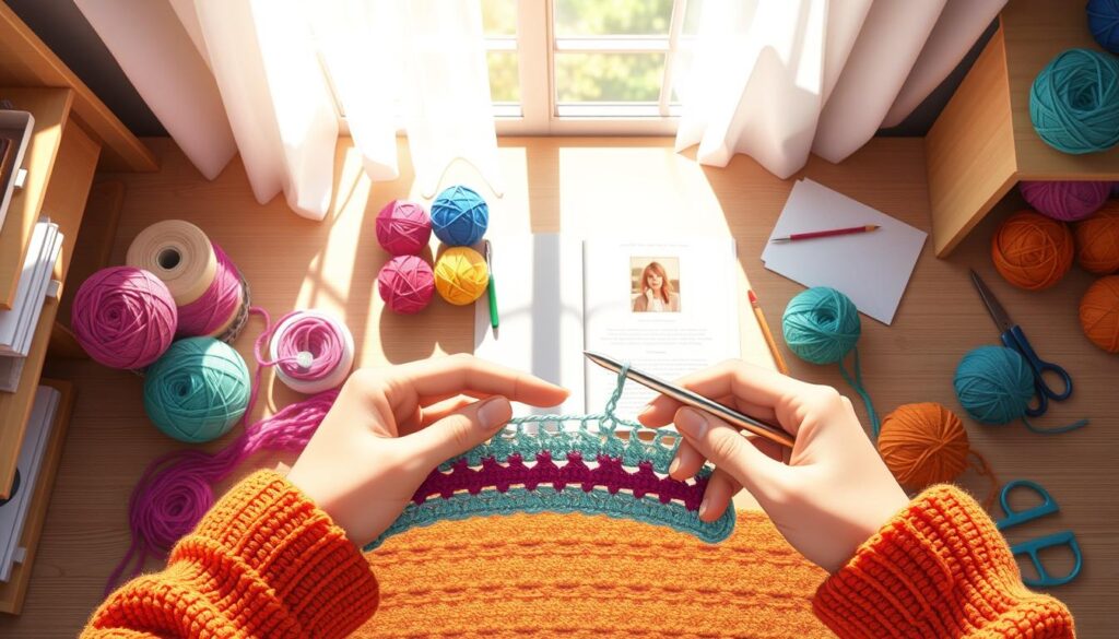 A serene and inviting crochet workspace featuring a left-handed crochet setup. In the foreground, a pair of hands skillfully demonstrating left-handed crochet techniques with vibrant yarn in various colors. The crochet hook is gracefully poised, capturing the motion of creating stitches. In the middle ground, neatly arranged crochet supplies such as skeins of yarn, scissors, and a pattern book. The background showcases natural light pouring in through a window, illuminating the workspace and creating a warm, cozy atmosphere. The scene is composed from a slight overhead angle, enhancing the detail of the crochet project while emphasizing the transformation from right-handed to left-handed techniques. The overall mood is encouraging and inspiring, showcasing the beauty of crochet artistry. A serene and inviting crochet workspace featuring a left-handed crochet setup. In the foreground, a pair of hands skillfully demonstrating left-handed crochet techniques with vibrant yarn in various colors. The crochet hook is gracefully poised, capturing the motion of creating stitches. In the middle ground, neatly arranged crochet supplies such as skeins of yarn, scissors, and a pattern book. The background showcases natural light pouring in through a window, illuminating the workspace and creating a warm, cozy atmosphere. The scene is composed from a slight overhead angle, enhancing the detail of the crochet project while emphasizing the transformation from right-handed to left-handed techniques. The overall mood is encouraging and inspiring, showcasing the beauty of crochet artistry.