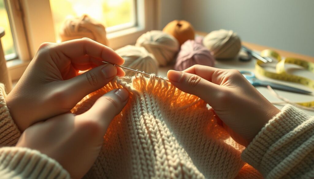 A serene crafting space featuring a close-up of hands sewing backing to a knitted piece, showcasing intricate stitches. The foreground focuses on the hands, skillfully threading a needle through the fabric, with visible knitting patterns in soft wool. The middle layer includes a partially finished knitted item, with curling edges being stabilized by a complementary fabric backing in pastel colors. In the background, a softly blurred array of knitting materials—skeins of yarn, scissors, and a measuring tape—establishes a cozy crafting environment. Warm, natural lighting streams through a nearby window, casting gentle shadows that enhance the tactile quality of the materials. The mood is inviting and serene, emphasizing the meticulous art of finishing knitting projects. A serene crafting space featuring a close-up of hands sewing backing to a knitted piece, showcasing intricate stitches. The foreground focuses on the hands, skillfully threading a needle through the fabric, with visible knitting patterns in soft wool. The middle layer includes a partially finished knitted item, with curling edges being stabilized by a complementary fabric backing in pastel colors. In the background, a softly blurred array of knitting materials—skeins of yarn, scissors, and a measuring tape—establishes a cozy crafting environment. Warm, natural lighting streams through a nearby window, casting gentle shadows that enhance the tactile quality of the materials. The mood is inviting and serene, emphasizing the meticulous art of finishing knitting projects.