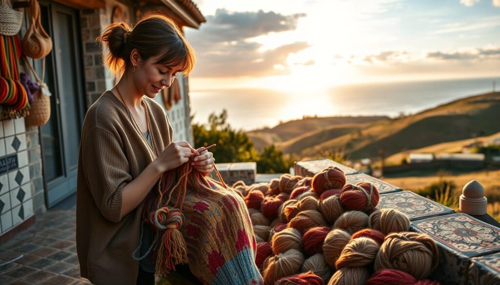 A serene outdoor scene capturing the essence of Portuguese knitting amid a vibrant landscape. In the foreground, a woman in modest casual clothing is gracefully knitting with colorful yarn, her focus reflecting her passion for the craft. The middle ground features traditional Portuguese tiles and an array of wool skeins in rich, earthy colors, showcasing the local textures and patterns. The background depicts a breathtaking Portuguese coastal view, with rolling hills and distant ocean waves under a warm, golden sunset. Soft, natural lighting enhances the inviting atmosphere, conveying a sense of tranquility and cultural richness. The composition is framed from a slightly elevated angle, highlighting both the knitted artwork and the picturesque surroundings. A serene outdoor scene capturing the essence of Portuguese knitting amid a vibrant landscape. In the foreground, a woman in modest casual clothing is gracefully knitting with colorful yarn, her focus reflecting her passion for the craft. The middle ground features traditional Portuguese tiles and an array of wool skeins in rich, earthy colors, showcasing the local textures and patterns. The background depicts a breathtaking Portuguese coastal view, with rolling hills and distant ocean waves under a warm, golden sunset. Soft, natural lighting enhances the inviting atmosphere, conveying a sense of tranquility and cultural richness. The composition is framed from a slightly elevated angle, highlighting both the knitted artwork and the picturesque surroundings.
