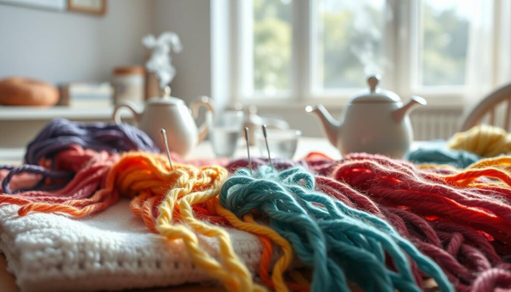 A serene workspace scene focused on wet blocking acrylic yarn. In the foreground, a vibrant array of colorful acrylic yarns lies draped over a soft, fluffy towel, their textures glistening with water droplets. A pair of neatly arranged pins hold the yarn in place on the towel, suggesting an ongoing blocking process. The middle ground features a small steaming kettle, releasing gentle wisps of steam, and a measuring cup filled with warm water beside it. The background subtly reveals a well-lit airy room with natural light streaming through a window, illuminating the workspace. The atmosphere is calm and inviting, perfect for crafting. The image should be captured with a shallow depth of field to keep the focus on the yarn while softly blurring the background. A serene workspace scene focused on wet blocking acrylic yarn. In the foreground, a vibrant array of colorful acrylic yarns lies draped over a soft, fluffy towel, their textures glistening with water droplets. A pair of neatly arranged pins hold the yarn in place on the towel, suggesting an ongoing blocking process. The middle ground features a small steaming kettle, releasing gentle wisps of steam, and a measuring cup filled with warm water beside it. The background subtly reveals a well-lit airy room with natural light streaming through a window, illuminating the workspace. The atmosphere is calm and inviting, perfect for crafting. The image should be captured with a shallow depth of field to keep the focus on the yarn while softly blurring the background.