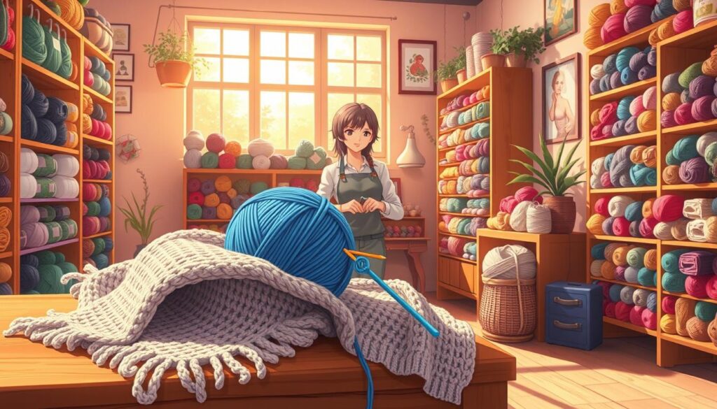 A vibrant local yarn shop scene filled with colorful skeins of yarn in various textures and shades, neatly arranged on wooden shelves. The foreground features a wooden table adorned with knitting supplies: a cozy, light gray knitted blanket draped over the edge, and a couple of knitting needles stuck into a vibrant blue ball of yarn. In the middle, a friendly shop owner, wearing a modest casual outfit, assists a customer browsing through the selection. The background showcases large windows letting in warm natural light, illuminating the yarn and creating a cheerful atmosphere. Soft shadows add depth to the scene, with decorative elements like plants and artwork on the walls enhancing the inviting feel of the space. A vibrant local yarn shop scene filled with colorful skeins of yarn in various textures and shades, neatly arranged on wooden shelves. The foreground features a wooden table adorned with knitting supplies: a cozy, light gray knitted blanket draped over the edge, and a couple of knitting needles stuck into a vibrant blue ball of yarn. In the middle, a friendly shop owner, wearing a modest casual outfit, assists a customer browsing through the selection. The background showcases large windows letting in warm natural light, illuminating the yarn and creating a cheerful atmosphere. Soft shadows add depth to the scene, with decorative elements like plants and artwork on the walls enhancing the inviting feel of the space.