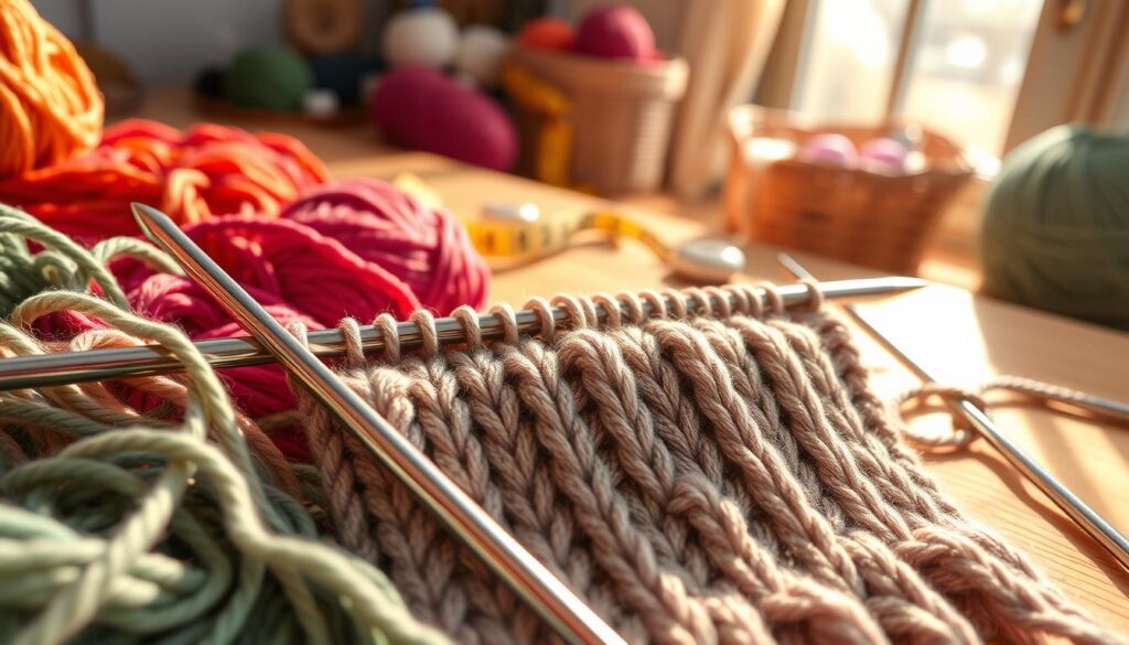 An intricate close-up of a knitting project showcasing German short rows, specifically focusing on techniques that prevent holes. The foreground features a vibrant array of soft, colorful yarns neatly arranged with a pair of elegant metal knitting needles. In the middle ground, an expertly knitted swatch displays the short rows, highlighting the seamless transitions and texture. The background is softly blurred, with a cozy, well-lit work space that includes a wooden table, a measuring tape, and a cozy yarn basket, creating a warm and inviting atmosphere. The lighting is bright and natural, simulating sunlight filtering through a window, casting gentle shadows. The overall mood is one of tranquility and focus, perfect for an expert's guide. An intricate close-up of a knitting project showcasing German short rows, specifically focusing on techniques that prevent holes. The foreground features a vibrant array of soft, colorful yarns neatly arranged with a pair of elegant metal knitting needles. In the middle ground, an expertly knitted swatch displays the short rows, highlighting the seamless transitions and texture. The background is softly blurred, with a cozy, well-lit work space that includes a wooden table, a measuring tape, and a cozy yarn basket, creating a warm and inviting atmosphere. The lighting is bright and natural, simulating sunlight filtering through a window, casting gentle shadows. The overall mood is one of tranquility and focus, perfect for an expert's guide.