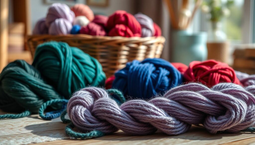 A beautifully arranged collection of velvet yarn skeins in various rich colorways, showcasing deep hues of emerald green, royal blue, ruby red, and soft lavender, all with a plush texture. The foreground features a few skeins artfully scattered, with their fibers slightly unraveled to reveal the luxurious texture. In the middle, a blurred basket overflowing with additional yarn options hints at abundance. The background is softly focused, depicting a cozy crochet workspace with natural light streaming in through a nearby window, casting soft shadows and creating a warm, inviting atmosphere. A shallow depth of field emphasizes the yarn's richness while maintaining a serene, artistic feel. A beautifully arranged collection of velvet yarn skeins in various rich colorways, showcasing deep hues of emerald green, royal blue, ruby red, and soft lavender, all with a plush texture. The foreground features a few skeins artfully scattered, with their fibers slightly unraveled to reveal the luxurious texture. In the middle, a blurred basket overflowing with additional yarn options hints at abundance. The background is softly focused, depicting a cozy crochet workspace with natural light streaming in through a nearby window, casting soft shadows and creating a warm, inviting atmosphere. A shallow depth of field emphasizes the yarn's richness while maintaining a serene, artistic feel.