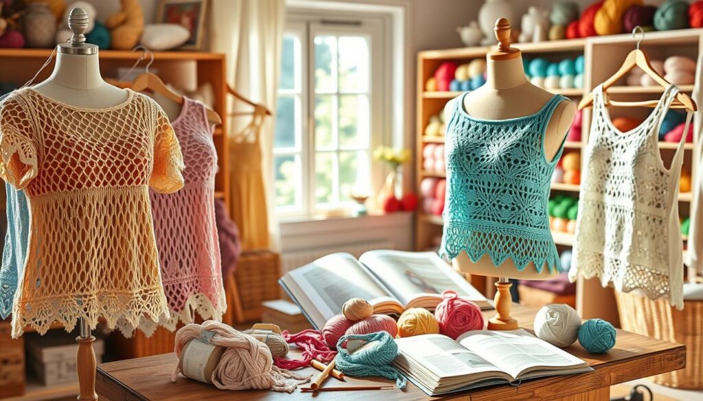 A beautifully arranged display of various crochet top patterns, showcasing intricate designs and vibrant colors. In the foreground, a selection of finished crochet tops in soft pastel hues, draped elegantly over a vintage wooden mannequin, highlighting their textures. In the middle ground, a wooden table scattered with crochet supplies: yarn in various colors, hooks, and pattern books opened to inspiring designs. Soft natural light filters through a nearby window, creating a warm and inviting atmosphere. The background features shelves filled with more yarn, adding depth to the scene. The overall mood is cozy and creative, ideal for spring wear, inviting viewers to explore their crochet inspirations. A beautifully arranged display of various crochet top patterns, showcasing intricate designs and vibrant colors. In the foreground, a selection of finished crochet tops in soft pastel hues, draped elegantly over a vintage wooden mannequin, highlighting their textures. In the middle ground, a wooden table scattered with crochet supplies: yarn in various colors, hooks, and pattern books opened to inspiring designs. Soft natural light filters through a nearby window, creating a warm and inviting atmosphere. The background features shelves filled with more yarn, adding depth to the scene. The overall mood is cozy and creative, ideal for spring wear, inviting viewers to explore their crochet inspirations.