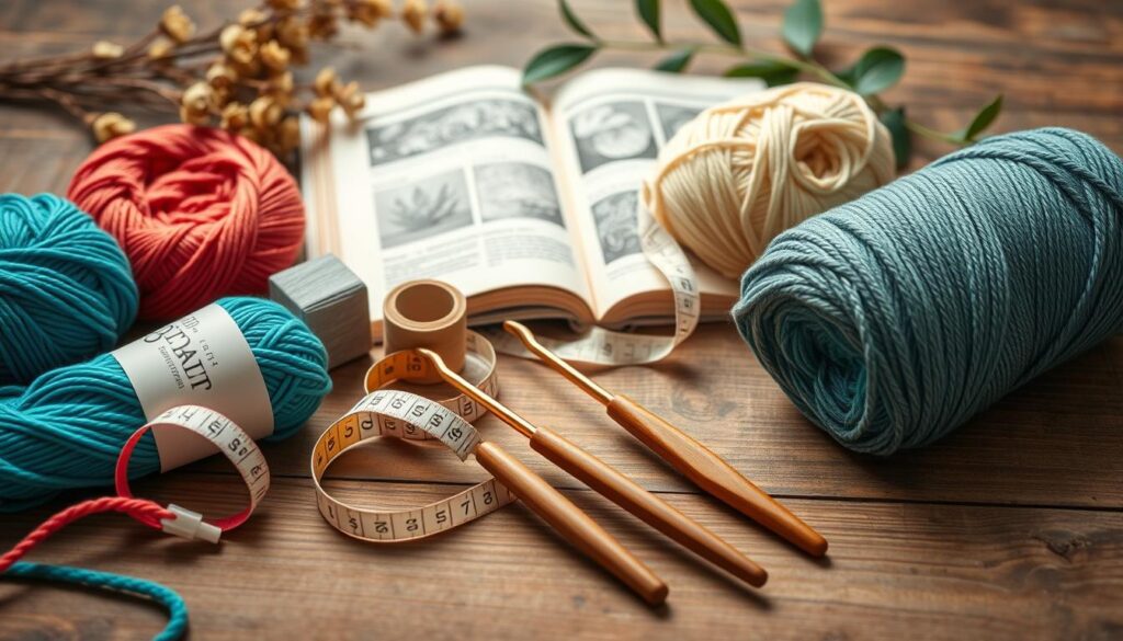 A beautifully arranged flat lay image showcasing essential crab stitch materials on a rustic wooden surface. In the foreground, vibrant skeins of yarn in various colors—teal, coral, and cream—are neatly placed alongside a pair of elegant crochet hooks in polished wood. Spools of thread and a soft measuring tape weave through the composition. The middle ground features a small, open crochet pattern guidebook with intricate designs visible. In the background, softly blurred natural elements like dried flowers and green leaves create a warm, inviting atmosphere. The lighting is soft and diffuse, casting gentle shadows that enhance the textures of the yarn and tools, evoking a sense of creativity and calm. Ideal for inspiring beginners to embark on their crab stitch journey. A beautifully arranged flat lay image showcasing essential crab stitch materials on a rustic wooden surface. In the foreground, vibrant skeins of yarn in various colors—teal, coral, and cream—are neatly placed alongside a pair of elegant crochet hooks in polished wood. Spools of thread and a soft measuring tape weave through the composition. The middle ground features a small, open crochet pattern guidebook with intricate designs visible. In the background, softly blurred natural elements like dried flowers and green leaves create a warm, inviting atmosphere. The lighting is soft and diffuse, casting gentle shadows that enhance the textures of the yarn and tools, evoking a sense of creativity and calm. Ideal for inspiring beginners to embark on their crab stitch journey.