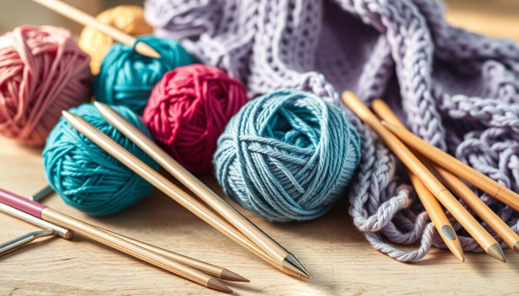 A beautifully arranged flat lay of essential tools for Continental knitting, featuring various types of knitting needles—metal, bamboo, and plastic—carefully laid out with vibrant yarn balls in rich colors. In the foreground, a pair of sleek, stainless steel circular knitting needles glints in soft, natural light. The middle ground shows a variety of yarn in beautiful hues, from turquoise to soft lavender, intertwining around the needles. In the background, a softly blurred knitted piece drapes elegantly, showcasing the intricate stitches of Continental knitting. The scene is lit with warm, inviting light, creating a cozy atmosphere that encourages creativity and comfort. The composition should feel organized yet artistic, emphasizing the importance of quality tools for knitting enthusiasts. A beautifully arranged flat lay of essential tools for Continental knitting, featuring various types of knitting needles—metal, bamboo, and plastic—carefully laid out with vibrant yarn balls in rich colors. In the foreground, a pair of sleek, stainless steel circular knitting needles glints in soft, natural light. The middle ground shows a variety of yarn in beautiful hues, from turquoise to soft lavender, intertwining around the needles. In the background, a softly blurred knitted piece drapes elegantly, showcasing the intricate stitches of Continental knitting. The scene is lit with warm, inviting light, creating a cozy atmosphere that encourages creativity and comfort. The composition should feel organized yet artistic, emphasizing the importance of quality tools for knitting enthusiasts.