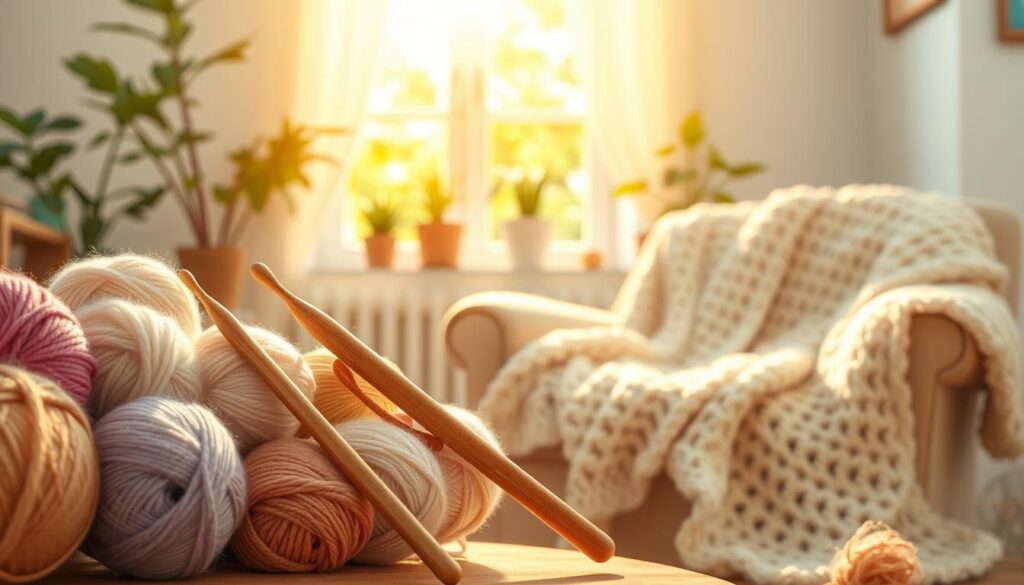 A beautifully arranged scene showcasing chenille yarn crochet projects in a cozy, well-lit setting. In the foreground, vibrant skeins of soft, fluffy chenille yarn in various shades of pastel and earthy tones are elegantly displayed alongside crochet hooks made of polished wood. The middle ground features a partially completed cozy blanket draped over a comfortable armchair, hinting at intricate crochet patterns. In the background, a soft-focus window allows golden sunlight to filter through, creating a warm and inviting atmosphere. A few potted plants add a touch of greenery, enhancing the homey feel. The overall mood conveys comfort and creativity, perfect for showcasing the art of crochet with chenille yarn. A beautifully arranged scene showcasing chenille yarn crochet projects in a cozy, well-lit setting. In the foreground, vibrant skeins of soft, fluffy chenille yarn in various shades of pastel and earthy tones are elegantly displayed alongside crochet hooks made of polished wood. The middle ground features a partially completed cozy blanket draped over a comfortable armchair, hinting at intricate crochet patterns. In the background, a soft-focus window allows golden sunlight to filter through, creating a warm and inviting atmosphere. A few potted plants add a touch of greenery, enhancing the homey feel. The overall mood conveys comfort and creativity, perfect for showcasing the art of crochet with chenille yarn.