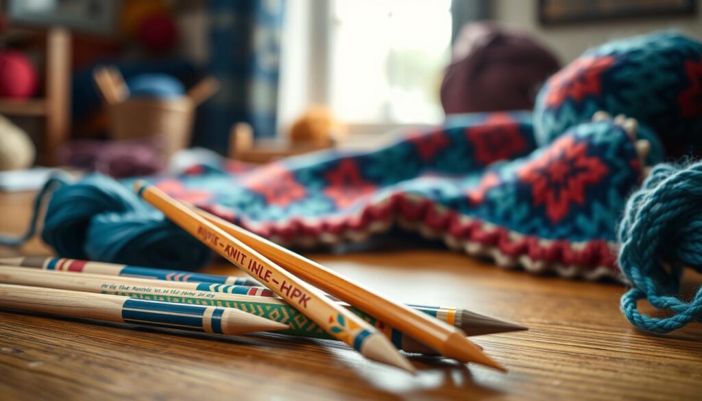 A beautifully arranged set of Fair Isle knitting needles, showcasing their intricate designs and craftsmanship. In the foreground, several colorful wooden needles with distinctive patterns are scattered artistically next to a portion of vibrant Fair Isle yarn, featuring rich hues of blue, red, and green. In the middle ground, a cozy knitting project is partially visible, with a rich tapestry of a Fair Isle knit in progress, capturing the essence of traditional craftsmanship. The background displays a softly blurred image of a well-lit crafting table, adorned with skeins of yarn and hints of natural light pouring in from a nearby window. The warm ambiance conveys a sense of creativity and comfort, inviting viewers into the delightful world of Fair Isle knitting. Ideal for an artistic and inspirational mood. A beautifully arranged set of Fair Isle knitting needles, showcasing their intricate designs and craftsmanship. In the foreground, several colorful wooden needles with distinctive patterns are scattered artistically next to a portion of vibrant Fair Isle yarn, featuring rich hues of blue, red, and green. In the middle ground, a cozy knitting project is partially visible, with a rich tapestry of a Fair Isle knit in progress, capturing the essence of traditional craftsmanship. The background displays a softly blurred image of a well-lit crafting table, adorned with skeins of yarn and hints of natural light pouring in from a nearby window. The warm ambiance conveys a sense of creativity and comfort, inviting viewers into the delightful world of Fair Isle knitting. Ideal for an artistic and inspirational mood.