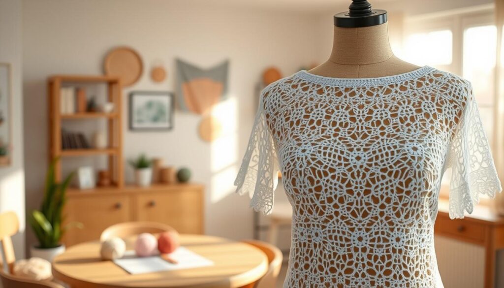 A beautifully crafted boat neck crochet top displayed elegantly on a mannequin in a softly lit, cozy interior setting. The top features intricate lace patterns and delicate stitches, showcasing a blend of pastel colors ideal for spring. The foreground highlights the texture of the crochet, emphasizing the craftsmanship. In the middle ground, a wooden table adorned with a few crochet tools and yarn adds a creative, homey touch. The background features a soft-focus view of a sunny window, allowing natural light to filter in, creating a warm and inviting atmosphere. The overall mood is relaxed and inviting, perfect for showcasing a stylish yet comfortable spring attire for everyday wear. A beautifully crafted boat neck crochet top displayed elegantly on a mannequin in a softly lit, cozy interior setting. The top features intricate lace patterns and delicate stitches, showcasing a blend of pastel colors ideal for spring. The foreground highlights the texture of the crochet, emphasizing the craftsmanship. In the middle ground, a wooden table adorned with a few crochet tools and yarn adds a creative, homey touch. The background features a soft-focus view of a sunny window, allowing natural light to filter in, creating a warm and inviting atmosphere. The overall mood is relaxed and inviting, perfect for showcasing a stylish yet comfortable spring attire for everyday wear.