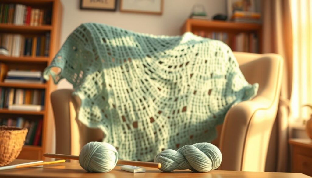 A beautifully crafted easy triangle shawl made from lightweight yarn, draped elegantly over a cozy chair in a softly lit living room. The shawl features a delicate lace pattern with shades of pastel blues and greens, catching the warm glow of a nearby window. In the foreground, there are knitting needles and a skein of the same yarn, emphasizing the beginner-friendly aspect of the project. In the background, a blurred bookshelf filled with crafting books adds warmth and context. The overall atmosphere is inviting and serene, suggesting a relaxing crafting space. The lighting is soft and natural, with a shallow depth of field capturing the intricate details of the shawl while the background remains softly out of focus. A beautifully crafted easy triangle shawl made from lightweight yarn, draped elegantly over a cozy chair in a softly lit living room. The shawl features a delicate lace pattern with shades of pastel blues and greens, catching the warm glow of a nearby window. In the foreground, there are knitting needles and a skein of the same yarn, emphasizing the beginner-friendly aspect of the project. In the background, a blurred bookshelf filled with crafting books adds warmth and context. The overall atmosphere is inviting and serene, suggesting a relaxing crafting space. The lighting is soft and natural, with a shallow depth of field capturing the intricate details of the shawl while the background remains softly out of focus.