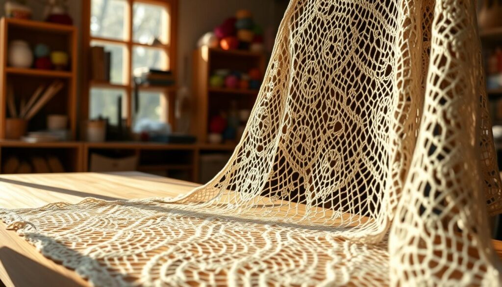 A beautifully intricate Shetland lace shawl draped elegantly over a rustic wooden table, highlighting its delicate patterns and fine textures. The foreground captures the intricate lacework in sharp focus, showcasing the fine stitches and openwork designs characteristic of Shetland lace. In the middle ground, a cozy knitting nook with natural light streaming through a large window illuminates the scene, casting gentle shadows that enhance the lace’s details. The background features soft, blurred shelves lined with colorful yarns and tools, creating a warm, inviting atmosphere. The overall mood is one of tranquility and creativity, ideal for an intermediate knitting project, inviting viewers to appreciate the beauty of lace knitting. Soft, diffused lighting enhances the warmth and elegance of the lace. A beautifully intricate Shetland lace shawl draped elegantly over a rustic wooden table, highlighting its delicate patterns and fine textures. The foreground captures the intricate lacework in sharp focus, showcasing the fine stitches and openwork designs characteristic of Shetland lace. In the middle ground, a cozy knitting nook with natural light streaming through a large window illuminates the scene, casting gentle shadows that enhance the lace’s details. The background features soft, blurred shelves lined with colorful yarns and tools, creating a warm, inviting atmosphere. The overall mood is one of tranquility and creativity, ideal for an intermediate knitting project, inviting viewers to appreciate the beauty of lace knitting. Soft, diffused lighting enhances the warmth and elegance of the lace.
