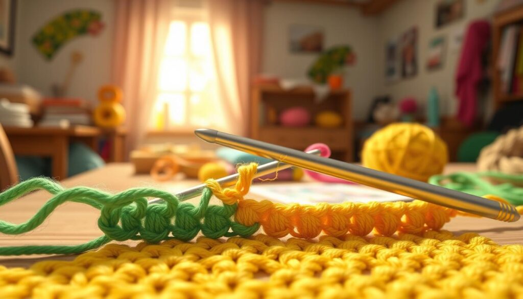 A close-up of a crochet piece showcasing a student’s errors in creating an invisible join. The foreground features two sections of vibrant yarn, a green and a yellow, where the joins are notably uneven, with strands slightly frayed, illustrating typical mistakes. The middle ground highlights a crochet hook positioned near the join, with a few loose stitches hanging out. The background is softly blurred, showing an inviting workspace with natural light streaming in through a window, illuminating a wooden table scattered with colorful yarn and crochet patterns. The atmosphere is calm and instructional, conveying a sense of learning and meticulous creativity, perfect for illustrating common crochet errors. A close-up of a crochet piece showcasing a student’s errors in creating an invisible join. The foreground features two sections of vibrant yarn, a green and a yellow, where the joins are notably uneven, with strands slightly frayed, illustrating typical mistakes. The middle ground highlights a crochet hook positioned near the join, with a few loose stitches hanging out. The background is softly blurred, showing an inviting workspace with natural light streaming in through a window, illuminating a wooden table scattered with colorful yarn and crochet patterns. The atmosphere is calm and instructional, conveying a sense of learning and meticulous creativity, perfect for illustrating common crochet errors.