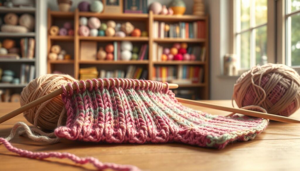 A close-up shot of a colorful knitting swatch, showcasing intricate stitch patterns that illustrate the technique of knitting backwards. The swatch is laid out on a wooden table, surrounded by knitting needles and a ball of yarn in soft, pastel colors. In the background, softly blurred, are shelves lined with neatly organized yarns and knitting books, creating a cozy, inviting atmosphere. Natural light filters in from a nearby window, casting gentle shadows and highlighting the texture of the yarn and stitches. The overall mood is warm and encouraging, ideal for showcasing practice strategies in knitting. The image should not contain any text or branding elements, focusing purely on the knitting elements. A close-up shot of a colorful knitting swatch, showcasing intricate stitch patterns that illustrate the technique of knitting backwards. The swatch is laid out on a wooden table, surrounded by knitting needles and a ball of yarn in soft, pastel colors. In the background, softly blurred, are shelves lined with neatly organized yarns and knitting books, creating a cozy, inviting atmosphere. Natural light filters in from a nearby window, casting gentle shadows and highlighting the texture of the yarn and stitches. The overall mood is warm and encouraging, ideal for showcasing practice strategies in knitting. The image should not contain any text or branding elements, focusing purely on the knitting elements.