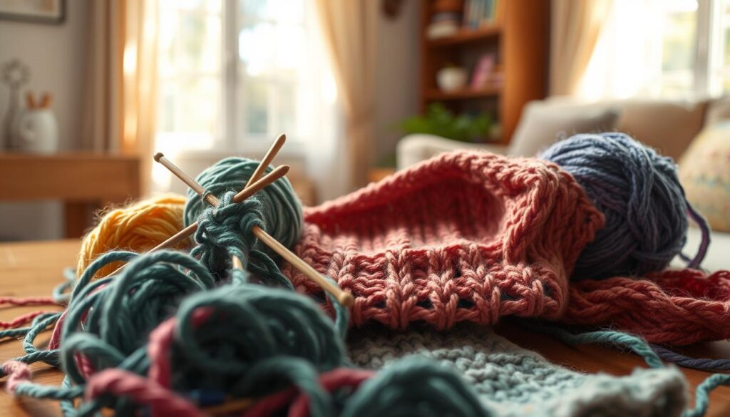A close-up shot of a knitted project on a cozy wooden table, showcasing a variety of visible knitting mistakes. In the foreground, colorful yarn balls are tangled together, with a pair of knitting needles precariously sticking out. The middle ground features a half-finished scarf with uneven stitches, dropped stitches, and a misaligned pattern, illustrating common errors knitters encounter. In the background, soft natural light filters through a window, casting gentle shadows and creating a warm, inviting atmosphere. The scene captures a blend of frustration and humor, reflecting the trials of knitting, while maintaining a tranquil and cozy vibe in a home setting, evoking feelings of artistry and perseverance. A close-up shot of a knitted project on a cozy wooden table, showcasing a variety of visible knitting mistakes. In the foreground, colorful yarn balls are tangled together, with a pair of knitting needles precariously sticking out. The middle ground features a half-finished scarf with uneven stitches, dropped stitches, and a misaligned pattern, illustrating common errors knitters encounter. In the background, soft natural light filters through a window, casting gentle shadows and creating a warm, inviting atmosphere. The scene captures a blend of frustration and humor, reflecting the trials of knitting, while maintaining a tranquil and cozy vibe in a home setting, evoking feelings of artistry and perseverance.
