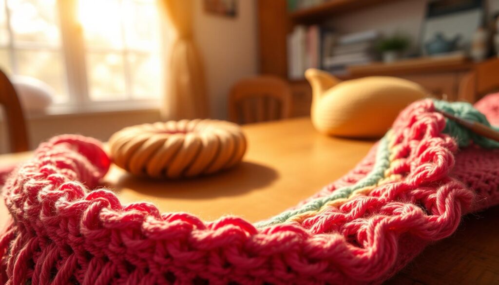 A close-up view of a beautifully crafted crochet project featuring the crab stitch technique, illustrating intricate stitching along gentle curves and sharp corners. The foreground showcases the textured stitches in vibrant yarn colors, highlighting the detailed craftsmanship of the crab stitch. In the middle, a partially completed round piece lies on a wooden tabletop, emphasizing the stitch's adaptability to different shapes. The background is softly blurred, with hints of a cozy crafting space, including a well-lit window casting warm sunlight, creating an inviting atmosphere. The lens is set to capture the details in crisp focus, accentuating the tactile quality of the yarn and the elegance of the stitch work, evoking a sense of calm and creativity in the craft of crochet. A close-up view of a beautifully crafted crochet project featuring the crab stitch technique, illustrating intricate stitching along gentle curves and sharp corners. The foreground showcases the textured stitches in vibrant yarn colors, highlighting the detailed craftsmanship of the crab stitch. In the middle, a partially completed round piece lies on a wooden tabletop, emphasizing the stitch's adaptability to different shapes. The background is softly blurred, with hints of a cozy crafting space, including a well-lit window casting warm sunlight, creating an inviting atmosphere. The lens is set to capture the details in crisp focus, accentuating the tactile quality of the yarn and the elegance of the stitch work, evoking a sense of calm and creativity in the craft of crochet.