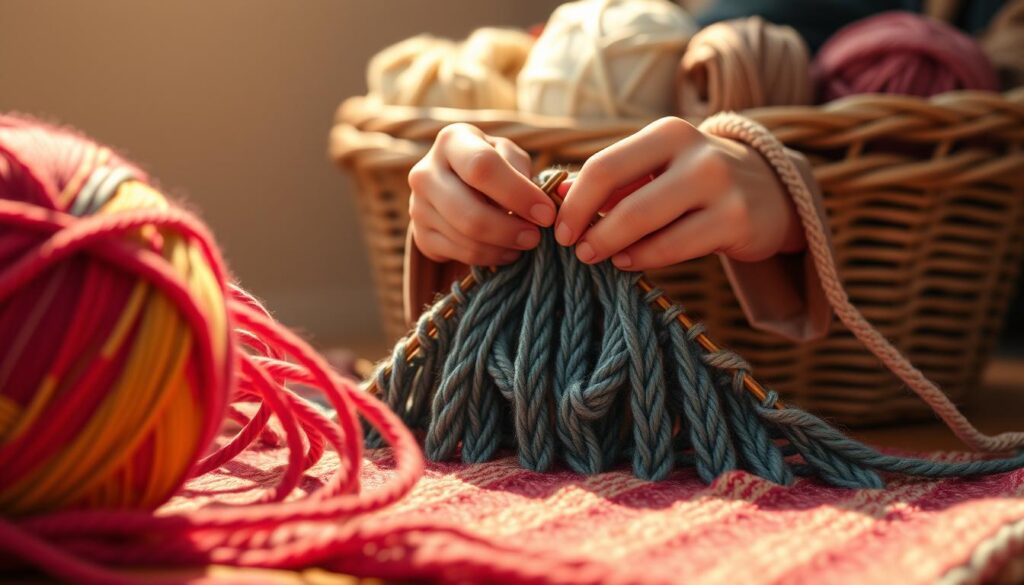 A close-up view of a beautifully knitted piece showcasing the Continental knit stitch technique. The foreground features a ball of soft, vibrant yarn in rich colors, with knitting needles poised ready for use. The middle layer presents a hands-on demonstration, where a pair of hands, clad in elegant and modest attire, is skillfully performing the stitch, yarn looped around the fingers in a traditional Continental method. In the background, a softly blurred yarn basket filled with various textured yarns enhances the cozy knitting atmosphere. Warm, natural lighting bathes the scene, creating inviting shadows and highlights that evoke a sense of warmth and creativity. The overall mood is serene and focused, perfect for illustrating the art of knitting. A close-up view of a beautifully knitted piece showcasing the Continental knit stitch technique. The foreground features a ball of soft, vibrant yarn in rich colors, with knitting needles poised ready for use. The middle layer presents a hands-on demonstration, where a pair of hands, clad in elegant and modest attire, is skillfully performing the stitch, yarn looped around the fingers in a traditional Continental method. In the background, a softly blurred yarn basket filled with various textured yarns enhances the cozy knitting atmosphere. Warm, natural lighting bathes the scene, creating inviting shadows and highlights that evoke a sense of warmth and creativity. The overall mood is serene and focused, perfect for illustrating the art of knitting.